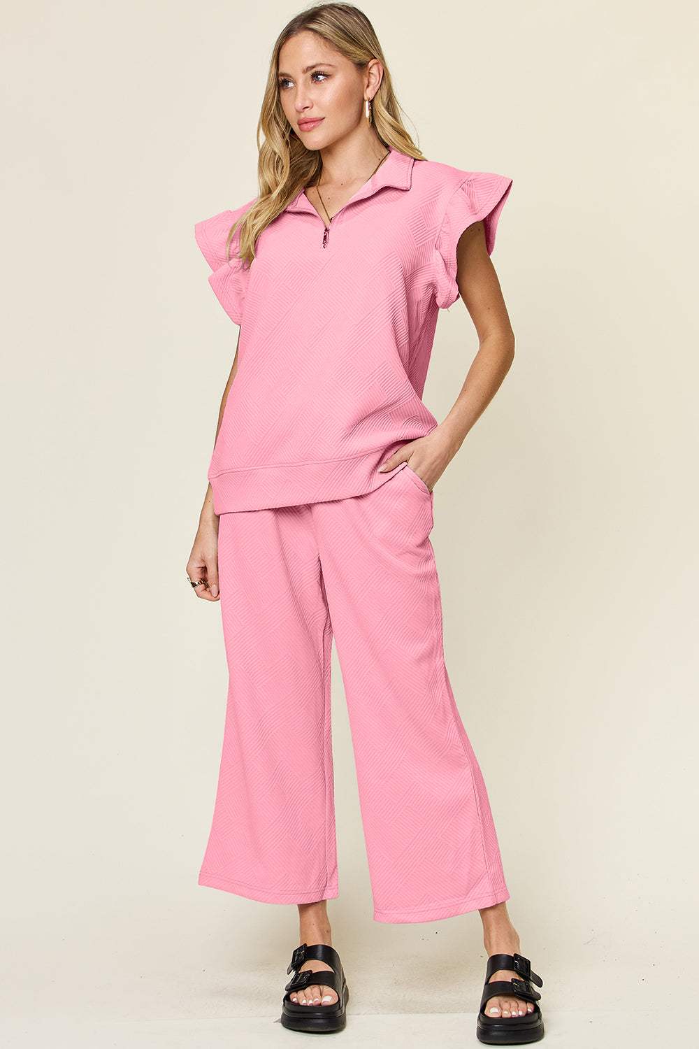 Double Take Texture Ruffle Short Sleeve Top and Drawstring Wide Leg Pants Set - Trendsi - Flyclothing LLC