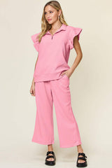 Double Take Texture Ruffle Short Sleeve Top and Drawstring Wide Leg Pants Set - Trendsi - Flyclothing LLC