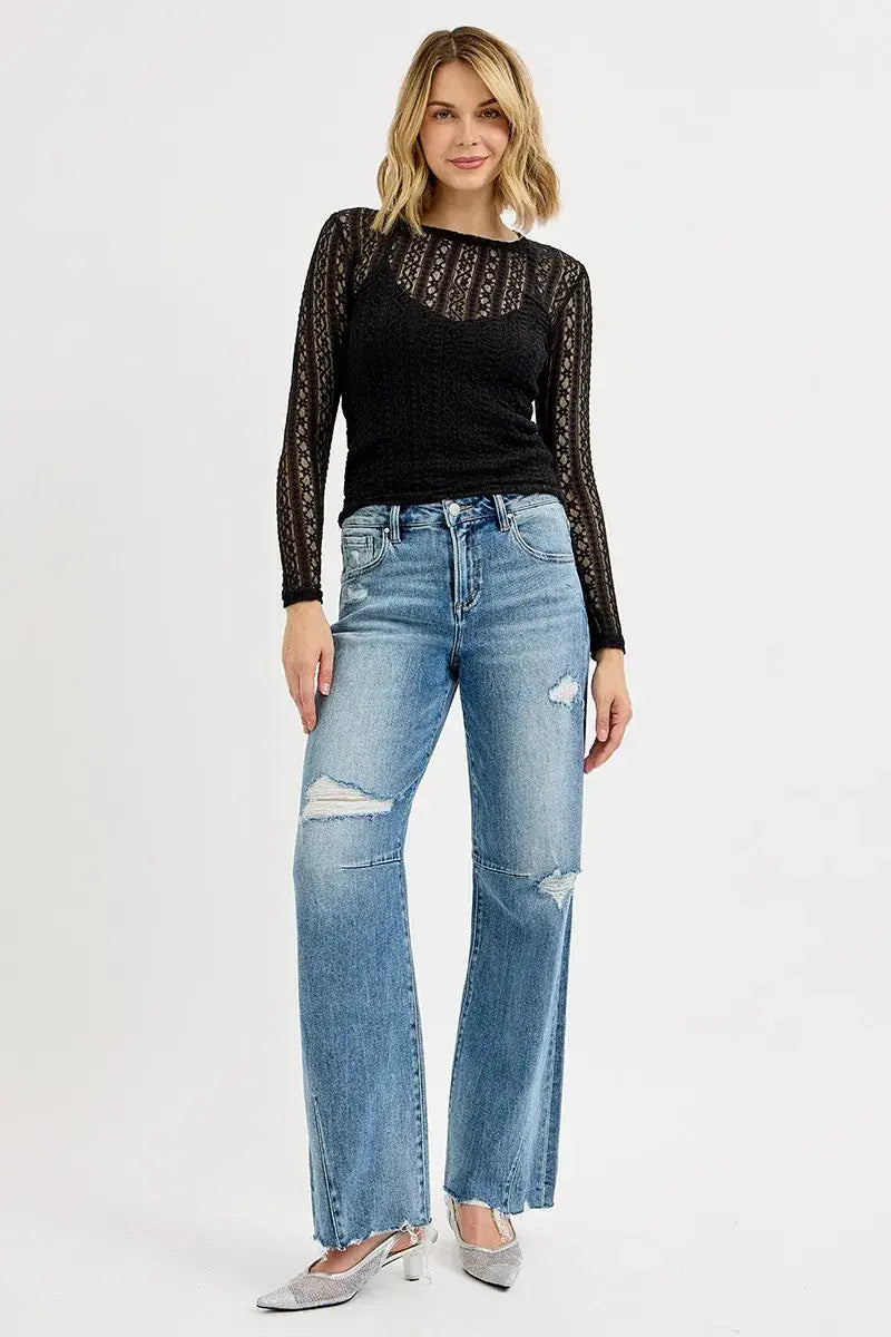 RISEN Full Size Mid Rise Fit Wide Baggy Leg Tie Washed Jeans Plus Size - Trendsi - Flyclothing LLC