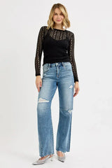 RISEN Full Size Mid Rise Fit Wide Baggy Leg Tie Washed Jeans Plus Size - Trendsi - Flyclothing LLC