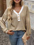 Striped V-Neck Button Front Casual Top - Trendsi - Flyclothing LLC