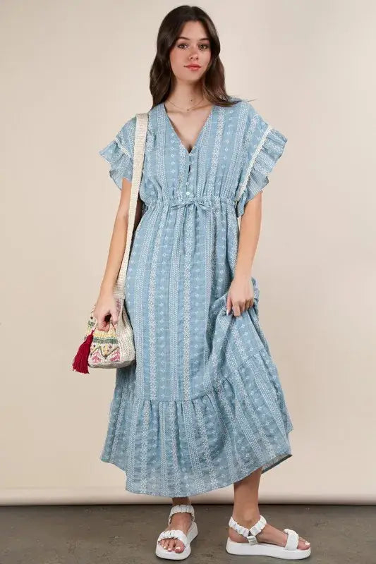 VERY J Embroidered Boho Ruffled Midi Dress - Trendsi - Flyclothing LLC
