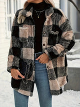 Button Down Collared Neck Plaid Teddy Coat with Pockets - Trendsi - Flyclothing LLC