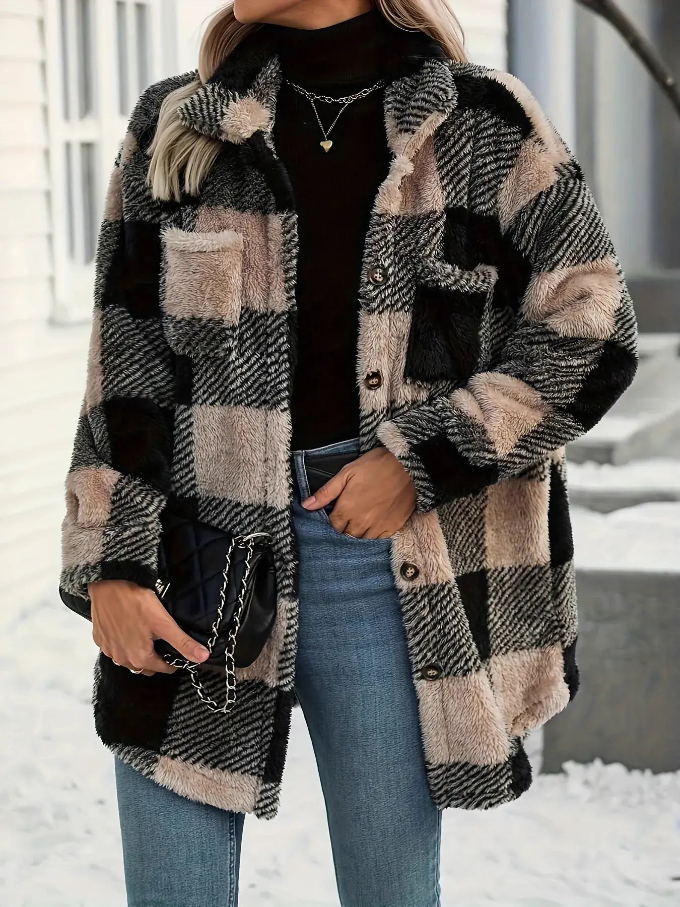 Button Down Collared Neck Plaid Teddy Coat with Pockets - Trendsi - Flyclothing LLC