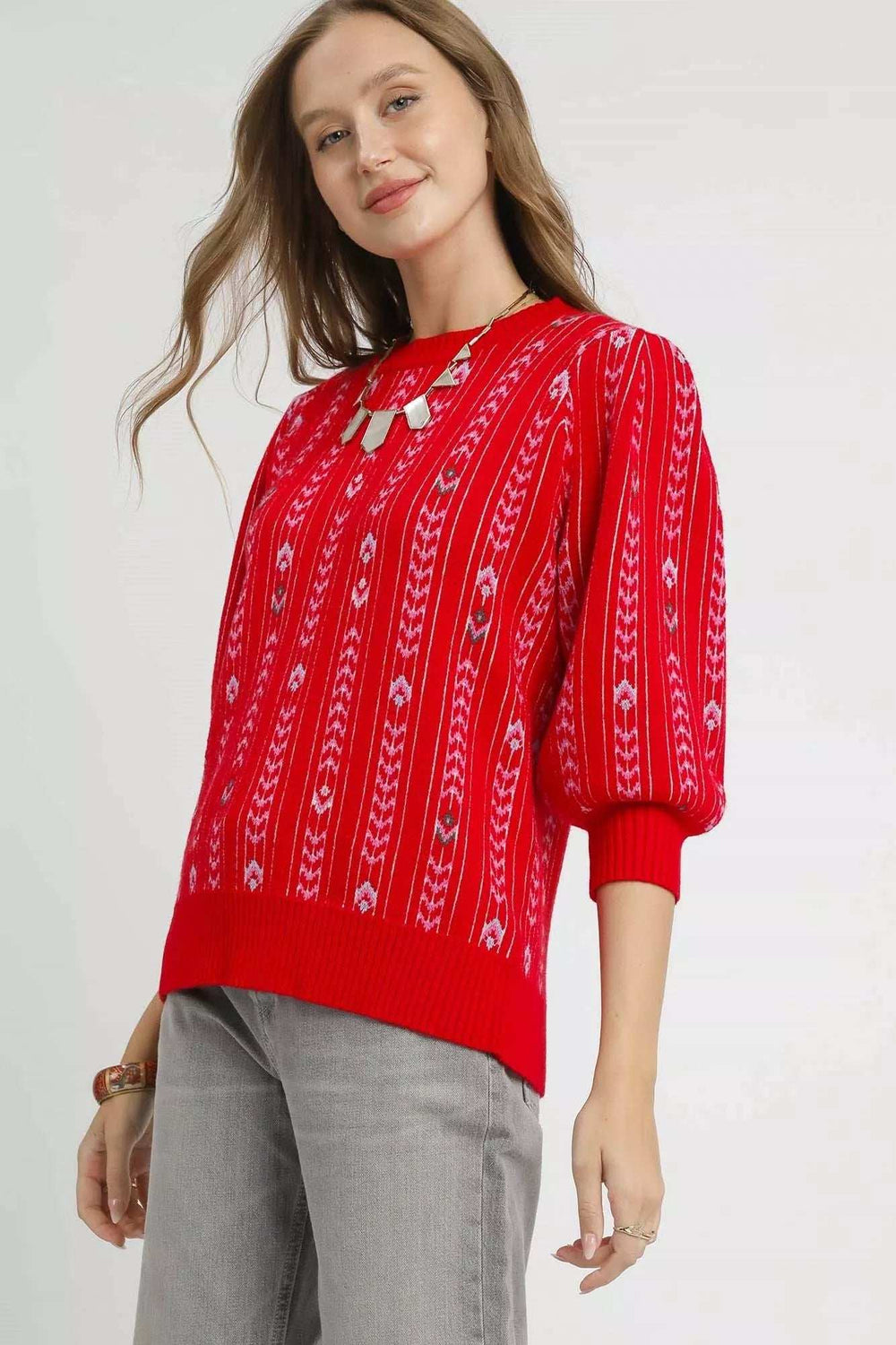 Umgee Jacquard Knit Puff Sleeve Sweater - Trendsi - Flyclothing LLC