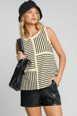 Umgee Round Neck Texture Striped Tank - Trendsi - Flyclothing LLC