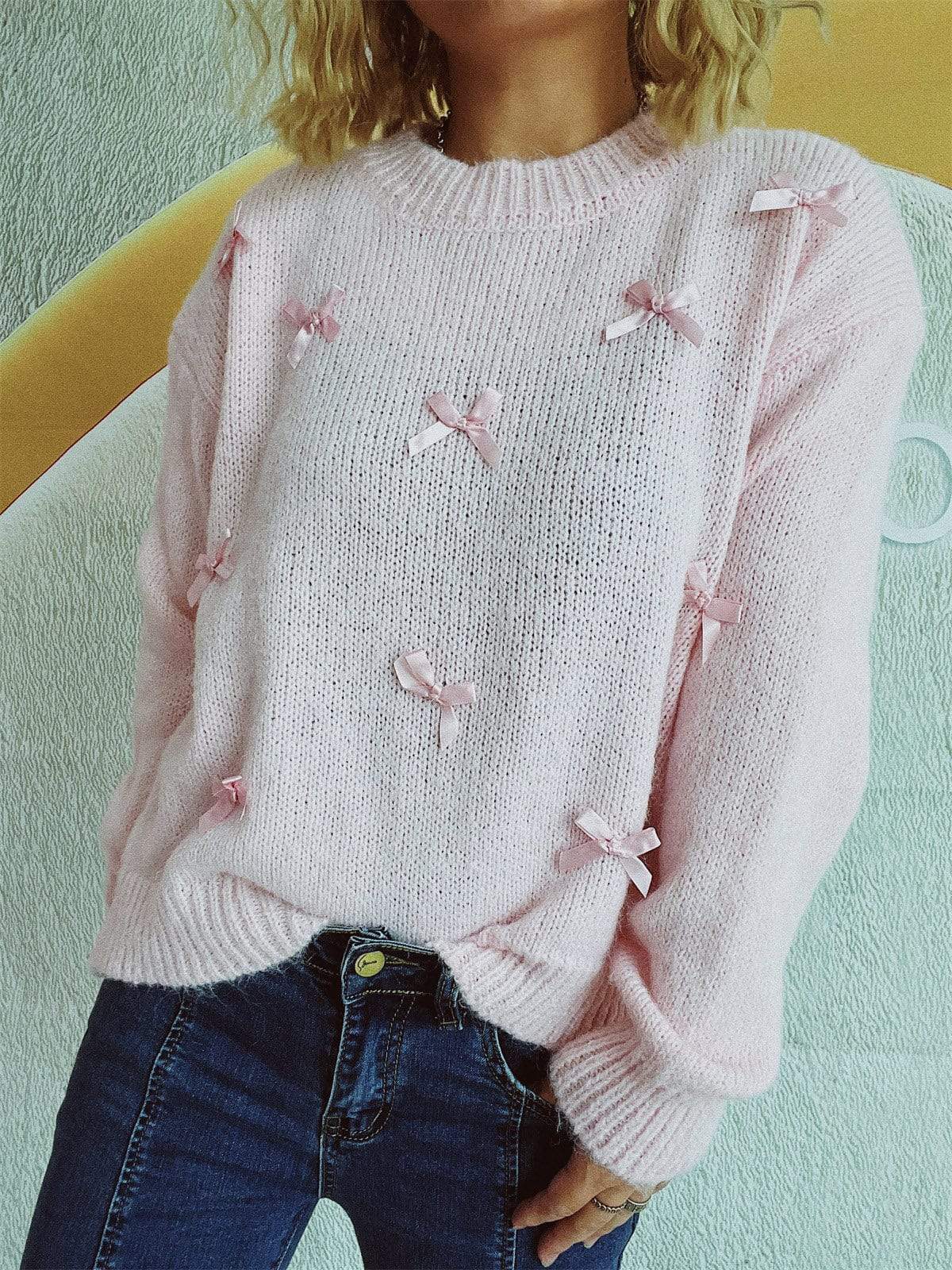 Bow Trim Round Neck Long Sleeve Sweater - Trendsi - Flyclothing LLC