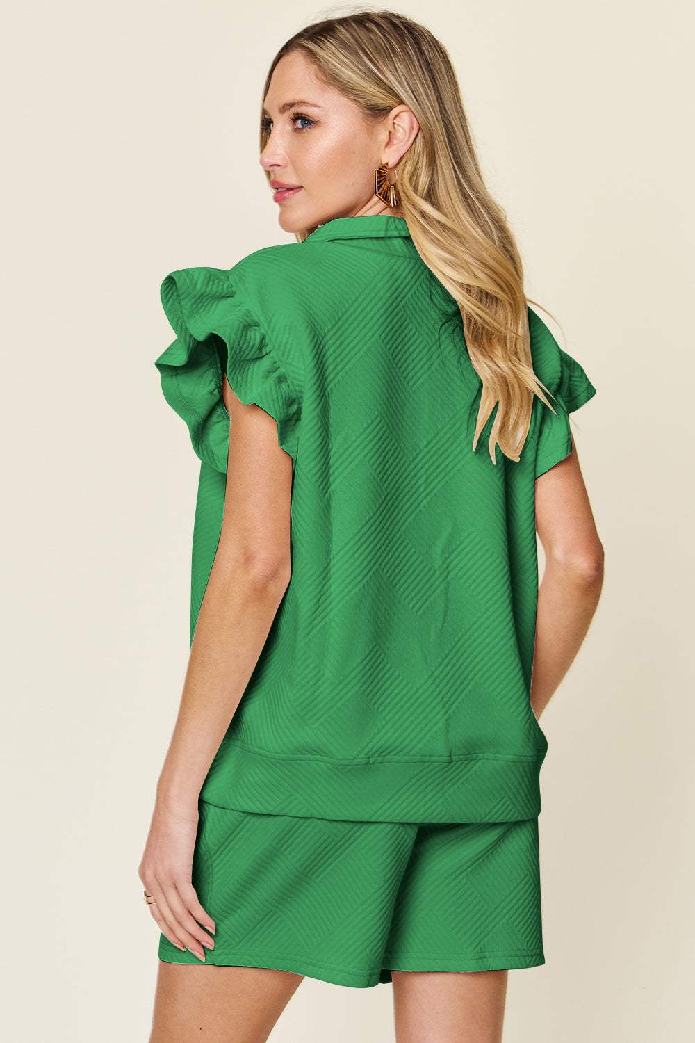 Double Take Full Size Texture Flounce Sleeve Top and Drawstring Shorts Set - Trendsi - Flyclothing LLC