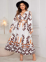 Plus Size Printed Surplice Flounce Sleeve Dress - Trendsi - Flyclothing LLC