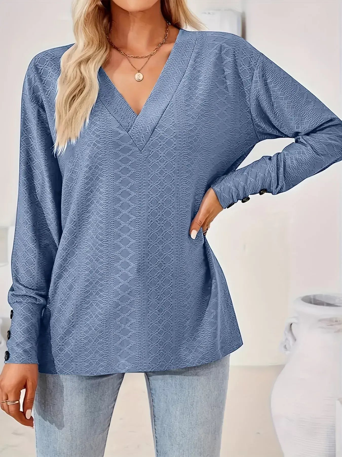 Plus Size V-Neck Textured Long Sleeve T-Shirt - Trendsi - Flyclothing LLC