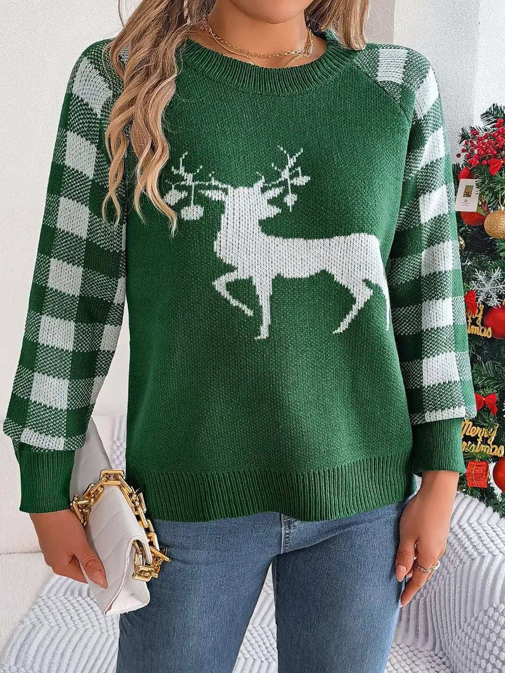 Reindeer Plaid Round Neck Long Sleeve Sweater - Trendsi - Flyclothing LLC