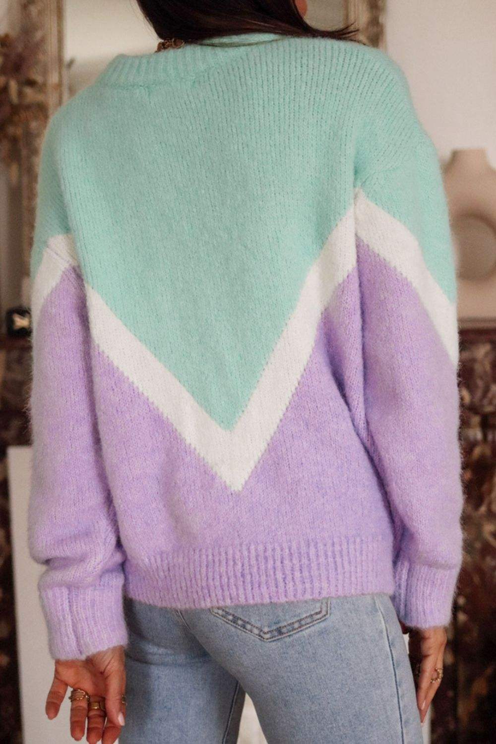 Contrast Round Neck Dropped Shoulder Sweater - Trendsi - Flyclothing LLC