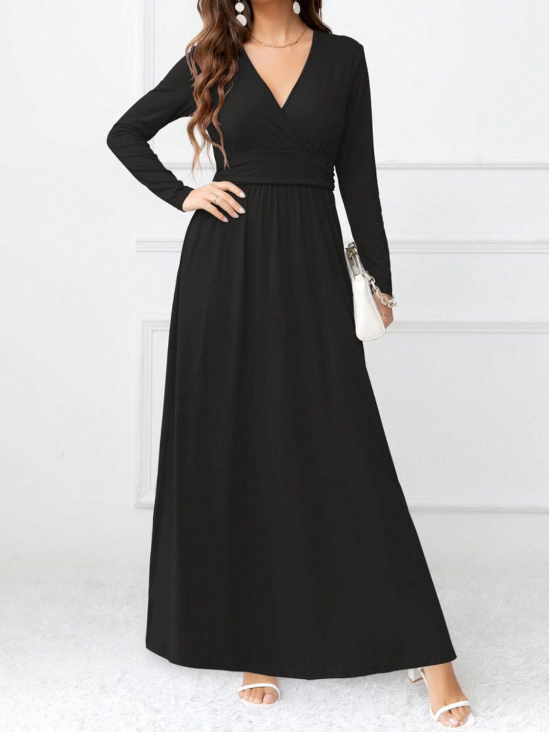 Pocketed Surplice Long Sleeve Maxi Dress - Trendsi