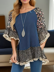 Full Size Frill Printed Round Neck Half Sleeve Blouse - Trendsi