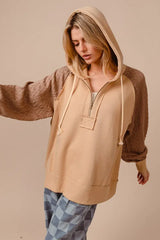BiBi Half Zip French Terry Hoodie with Kint Sleeves - Trendsi - Flyclothing LLC