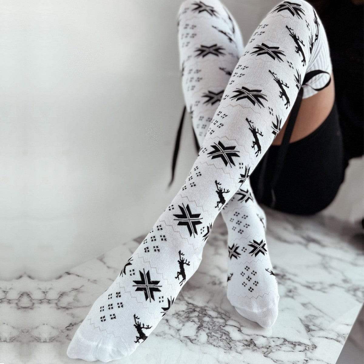 Christmas Element Bowknot Ribbed Trim Over Knee Stockings - Trendsi - Flyclothing LLC
