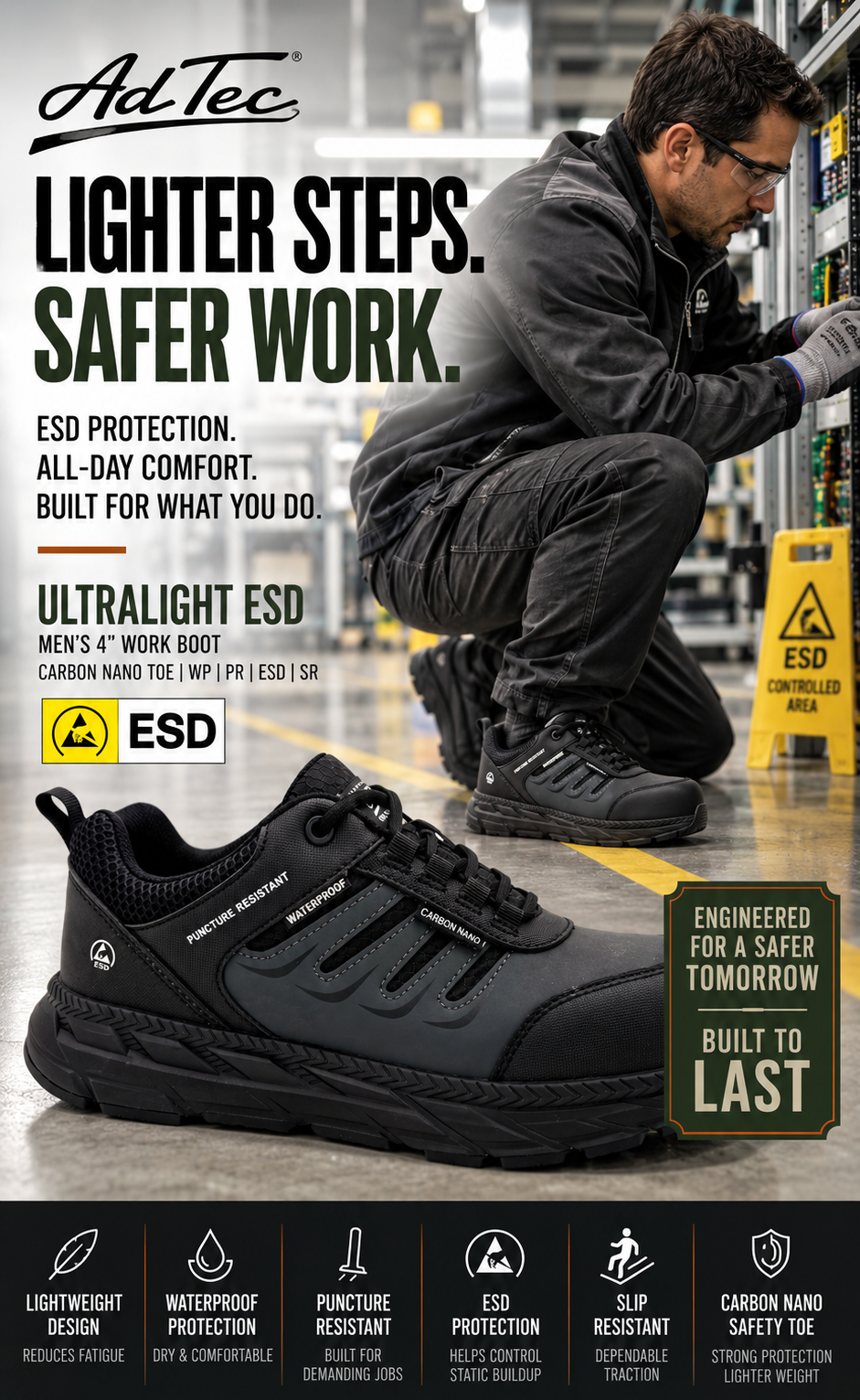 AdTec Ultralight ESD Men's 4 Inch Work Sneaker Black/Dark Grey - Adtec - Flyclothing LLC