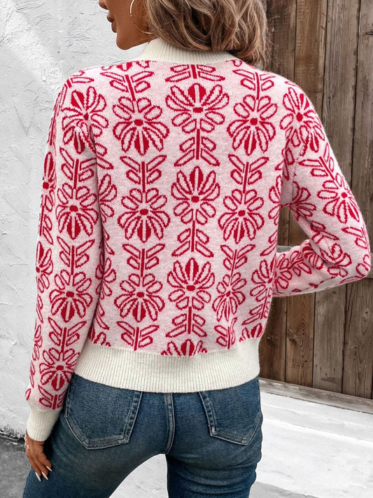 Flower Round Neck Long Sleeve Sweater - Trendsi