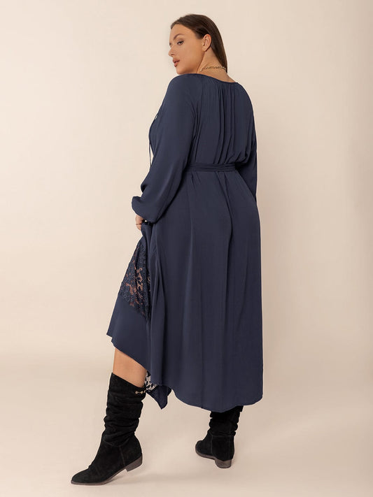 Plus Size Lace Detail Tie Neck Long Sleeve Midi Dress - Trendsi