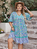Plus Size Ruffled Hem Lace Detail Printed Half Sleeve Dress - Trendsi
