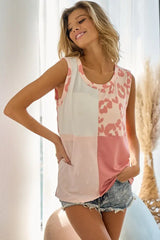 BiBi French Terry Color Block Leopard Sleeveless Top - Trendsi - Flyclothing LLC