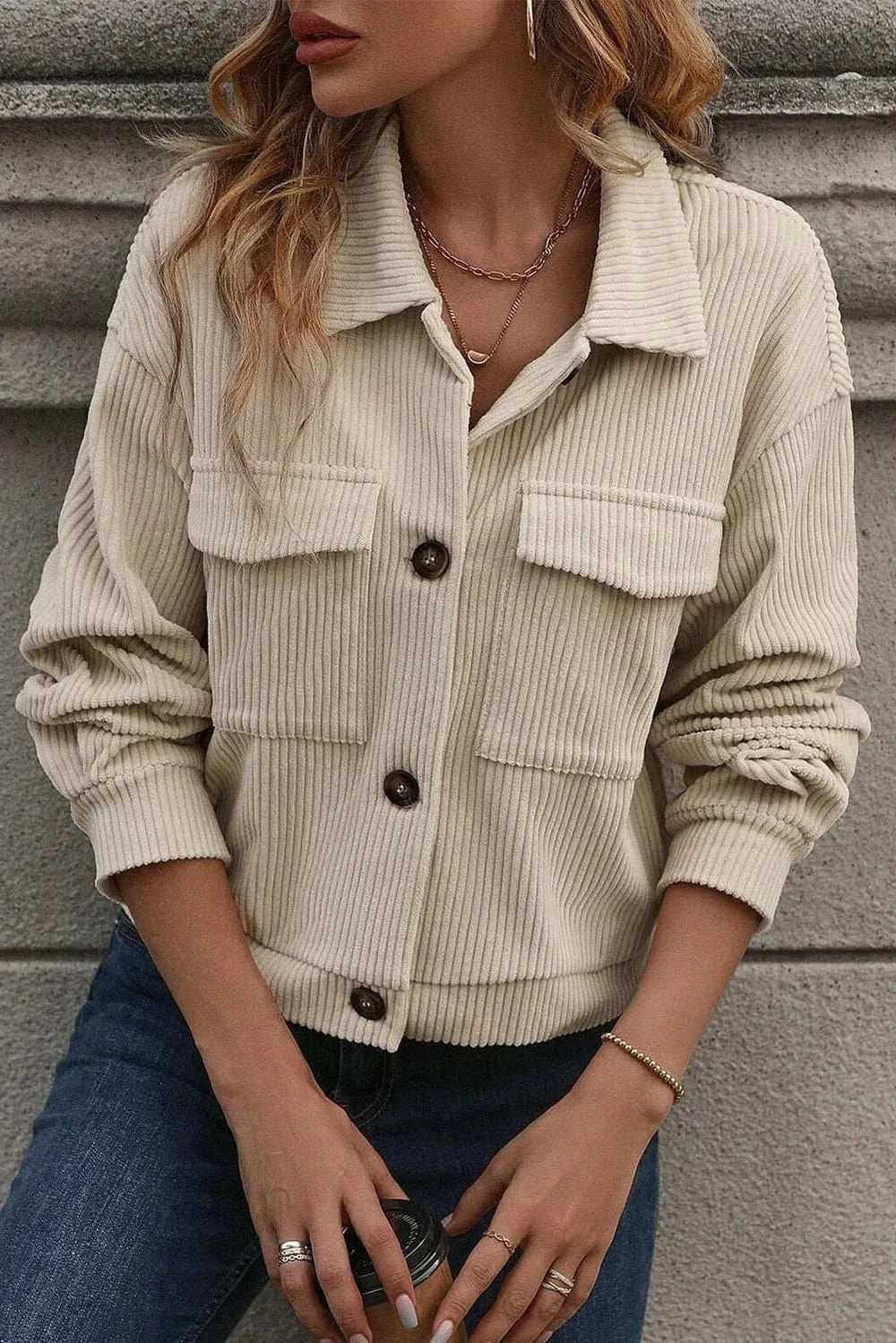 Pocketed Collared Neck Button Up Jacket - Trendsi - Flyclothing LLC