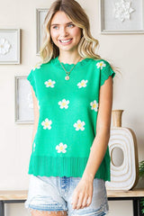 First Love Full Size Flower Pattern Round Neck Sweater Vest - Trendsi - Flyclothing LLC