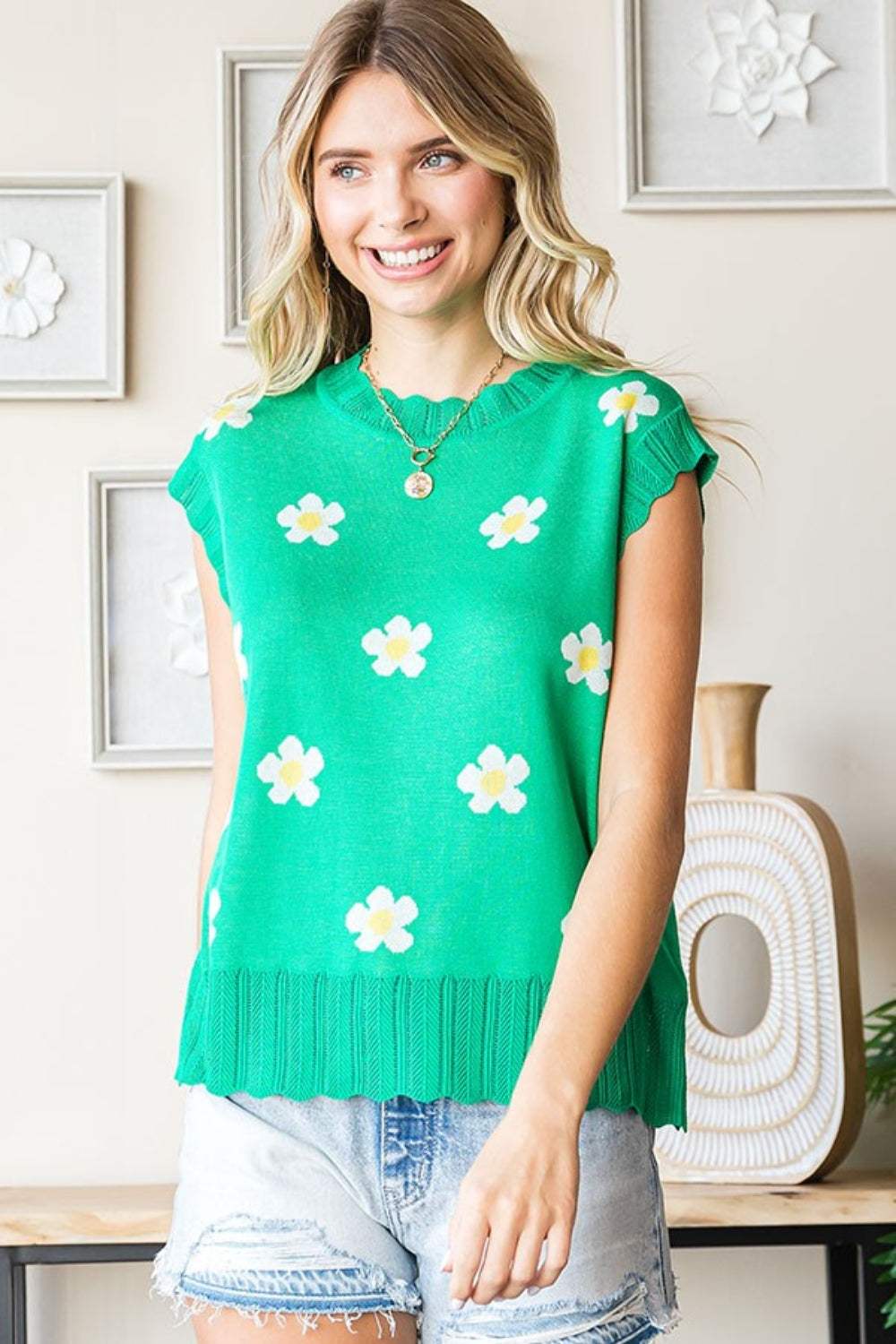 First Love Full Size Flower Pattern Round Neck Sweater Vest - Trendsi - Flyclothing LLC