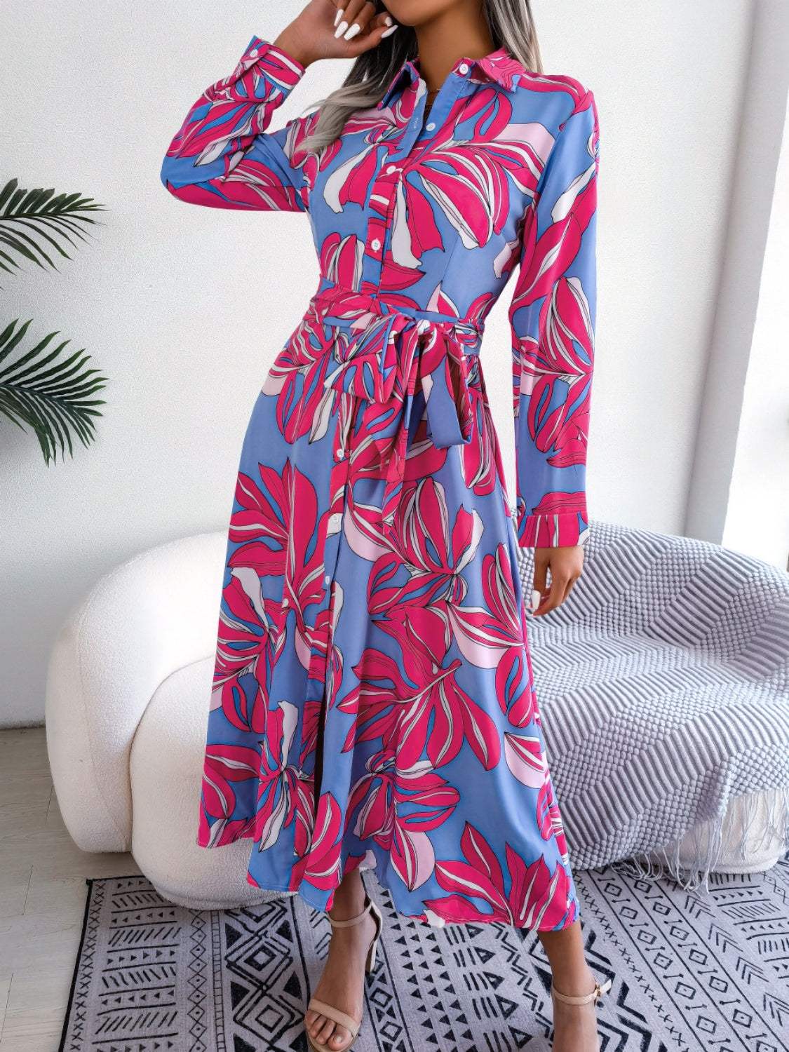 Tied Button Up Long Sleeve Dress - Trendsi - Flyclothing LLC