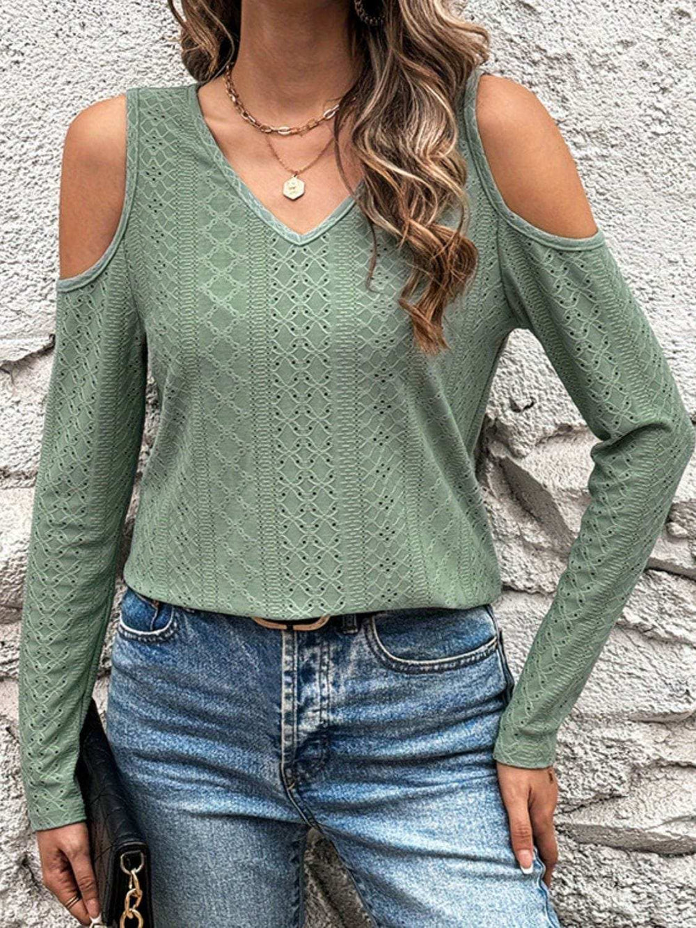 Full Size Eyelet V-Neck Cold Shoulder T-Shirt - Trendsi - Flyclothing LLC