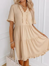 Tiered Notched Short Sleeve Mini Dress - Trendsi - Flyclothing LLC