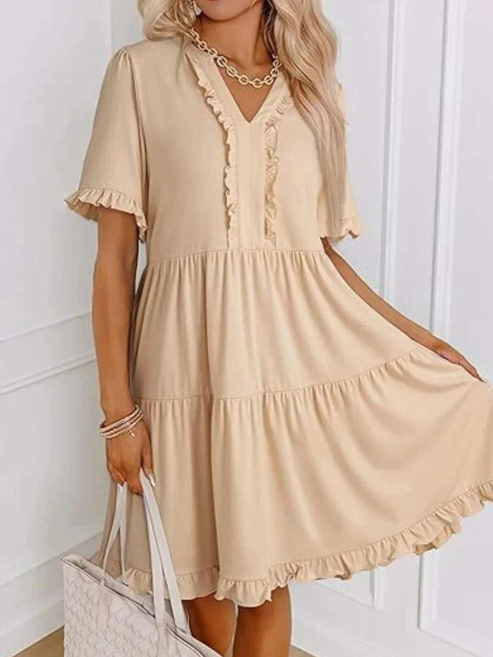 Tiered Notched Short Sleeve Mini Dress - Trendsi - Flyclothing LLC