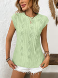 Eyelet Round Neck Cap Sleeve Top - Trendsi