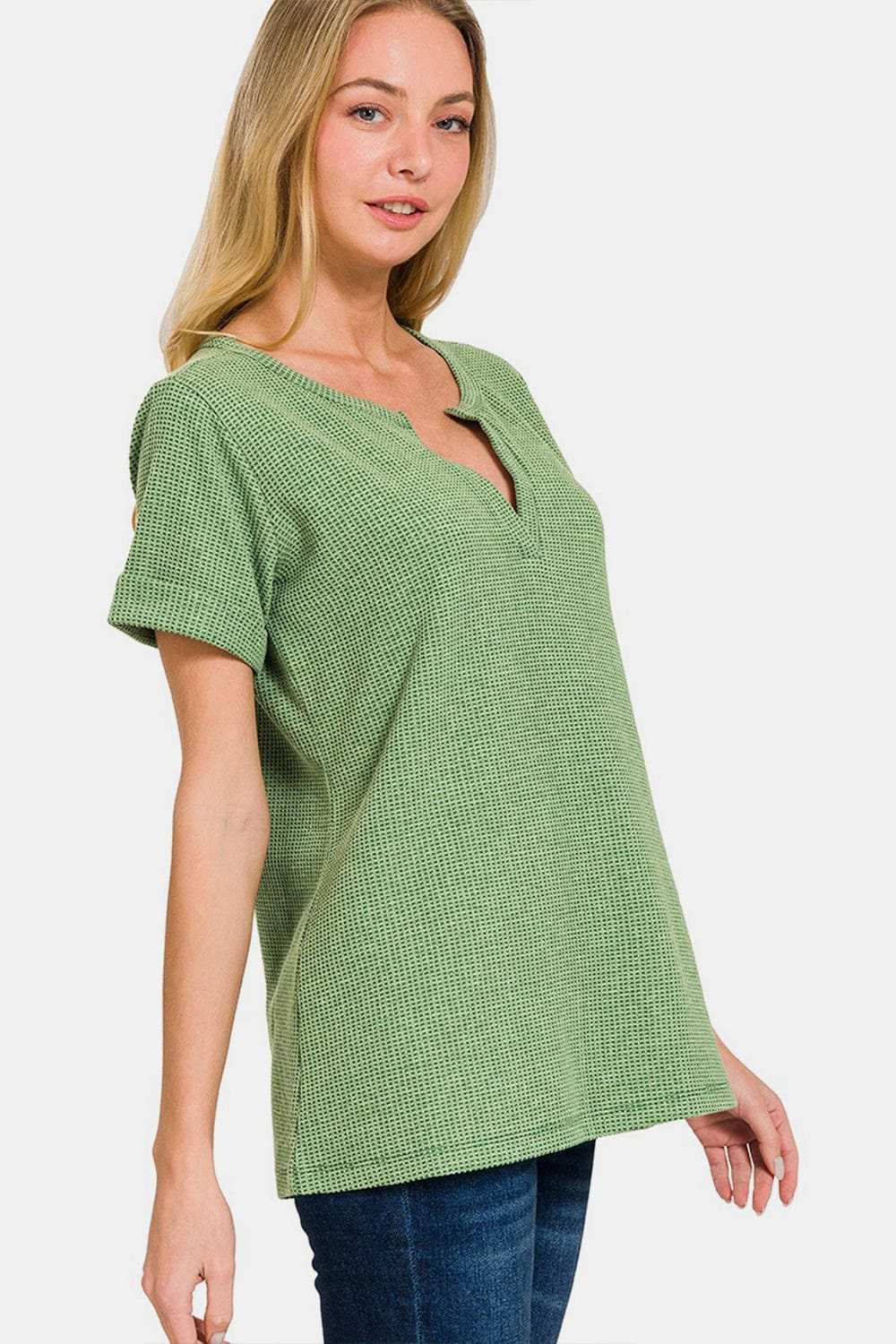 Zenana Waffle Notched Short Sleeve T-Shirt - Trendsi - Flyclothing LLC