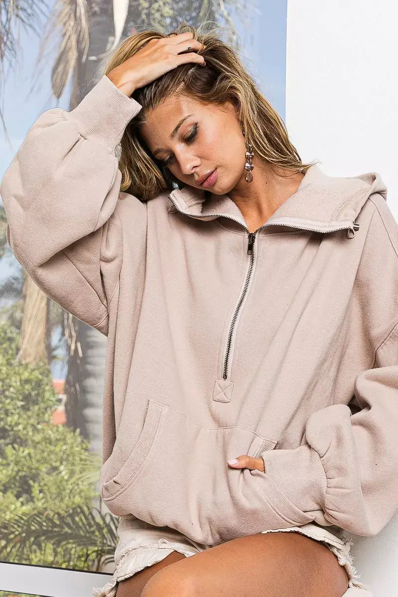 BiBi Stitch Detailed Elastic Hem Half Zip Fleece Hoodie - Trendsi - Flyclothing LLC