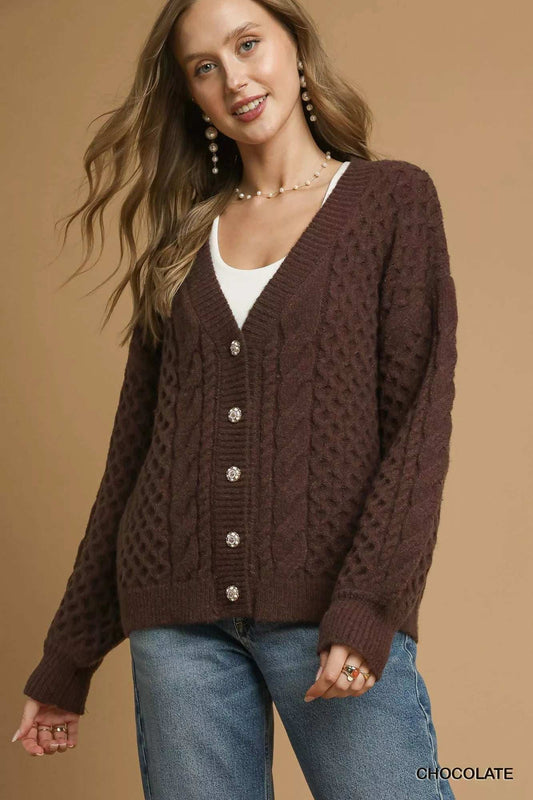 Umgee Cable Knit Pearl Button Cardigan - Trendsi - Flyclothing LLC