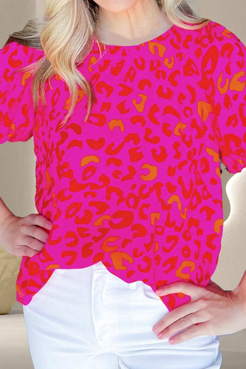 Leopard Round Neck Short Sleeve Blouse - Trendsi - Flyclothing LLC