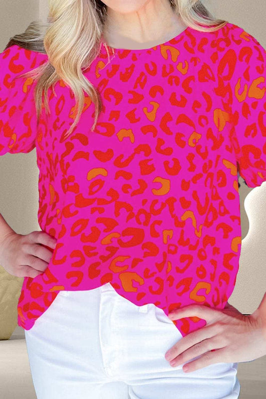 Leopard Round Neck Short Sleeve Blouse - Trendsi - Flyclothing LLC