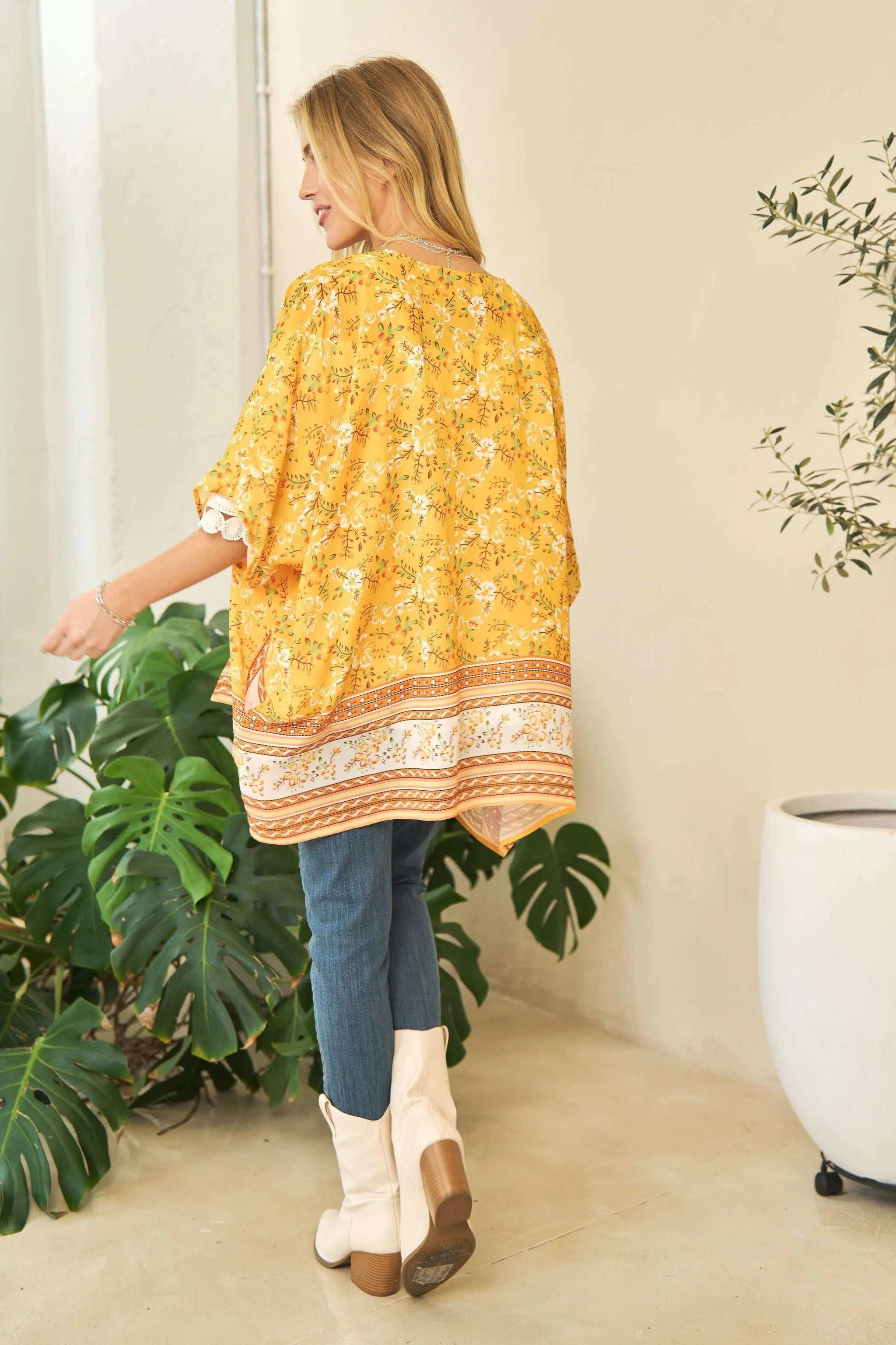 Davi & Dani Floral Printed Short Sleeve Loose Fit Kimono Cover Up - Trendsi - Flyclothing LLC