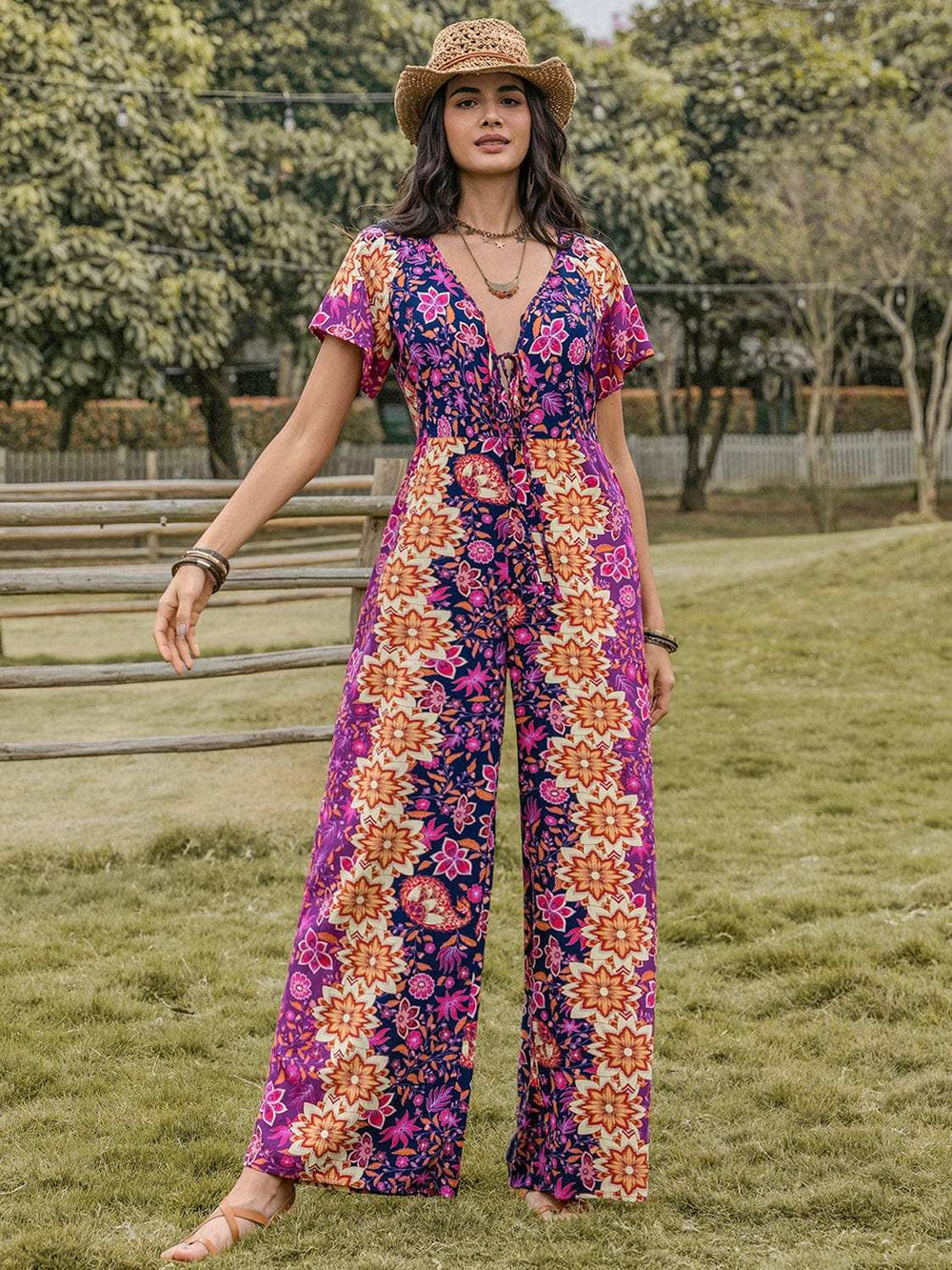Tied V-Neck Short Sleeve Jumpsuit - Trendsi - Flyclothing LLC