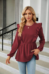 Round Neck Ruffled Peplum Blouse - Trendsi - Flyclothing LLC