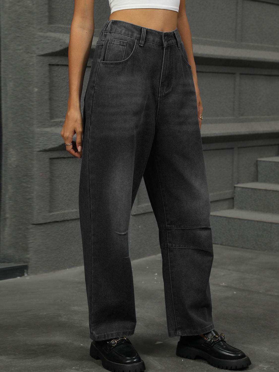 Half Elastic Waist Straight Leg Jeans - Trendsi - Flyclothing LLC