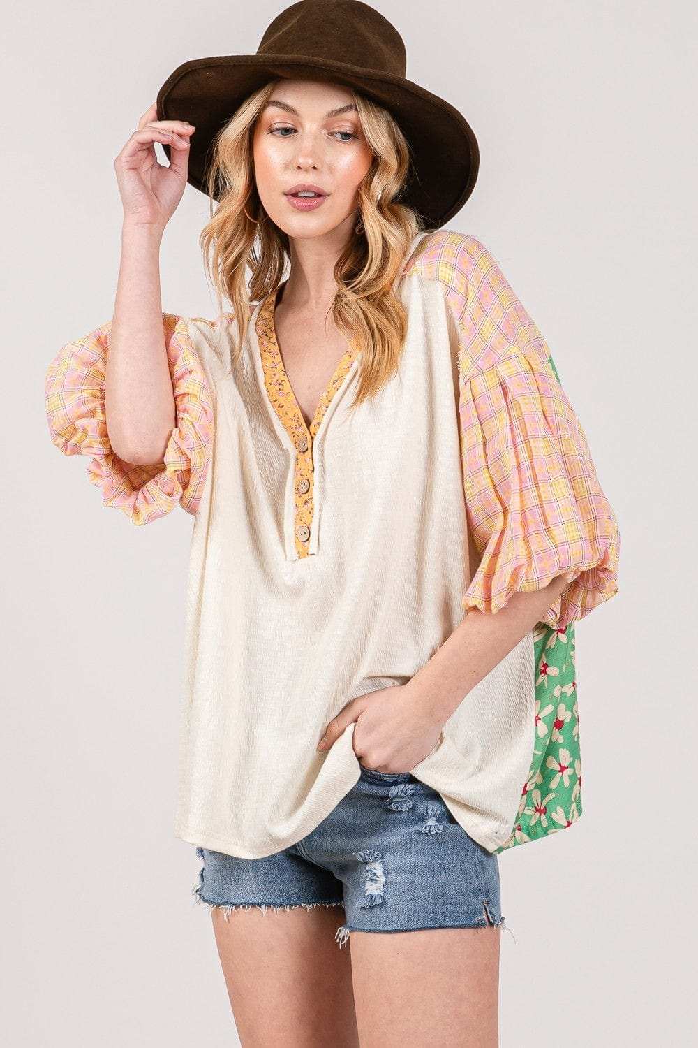 SAGE + FIG Color Block Bubble Sleeve Top - Trendsi - Flyclothing LLC