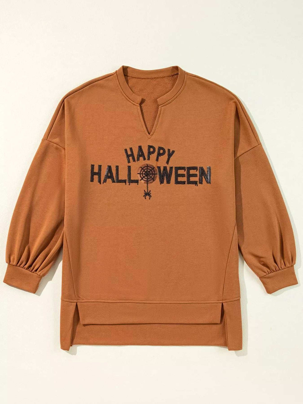Happy Halloween Graphic Notched Long Sleeve Loose Top - Trendsi - Flyclothing LLC