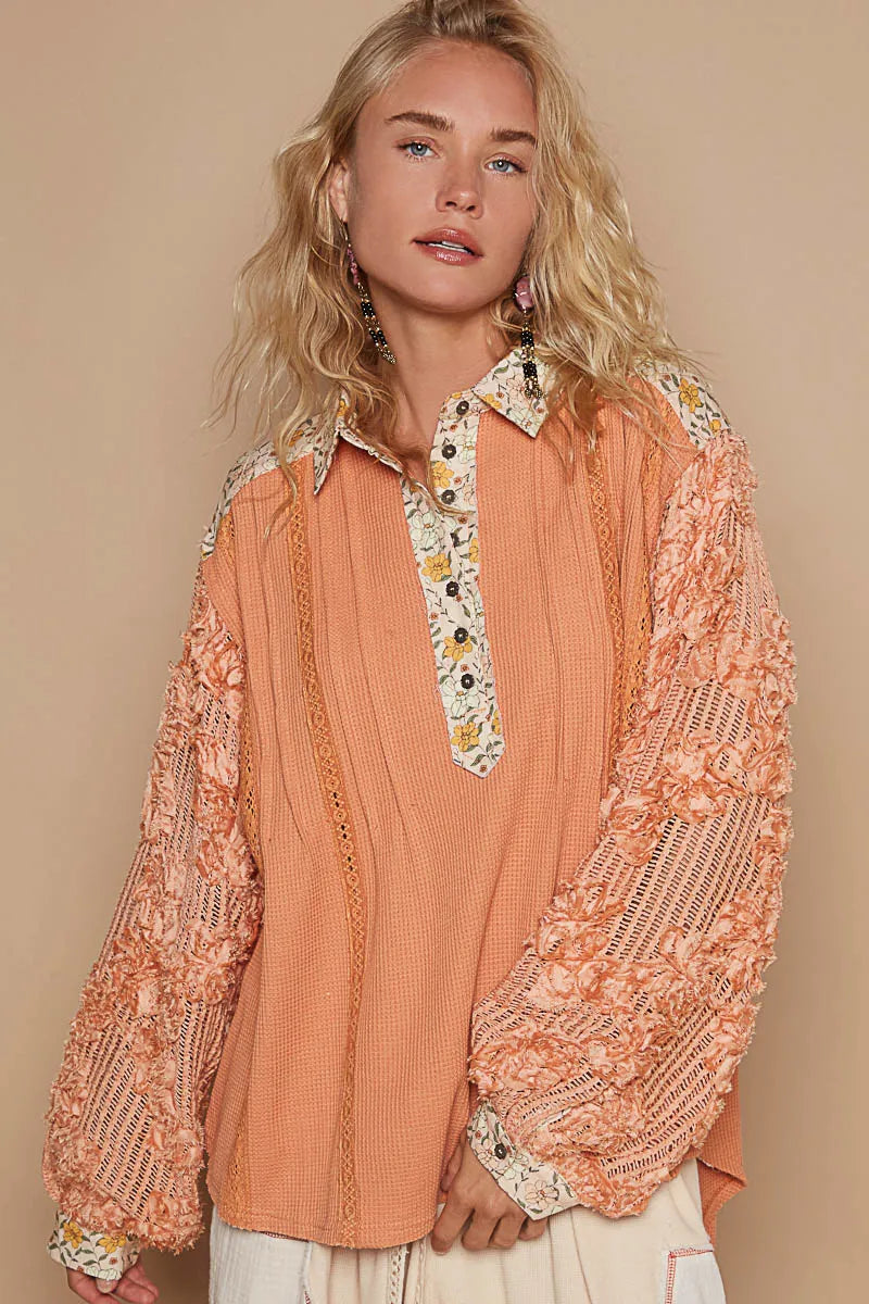POL Floral Half Button Lace Detail Long Sleeve Top - Trendsi