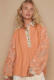 POL Floral Half Button Lace Detail Long Sleeve Top - Trendsi