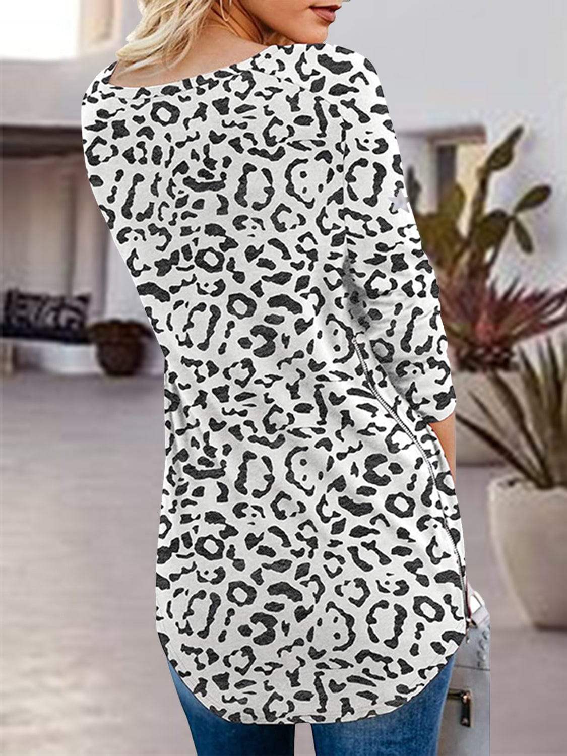 Full Size Side Zip Printed V-Neck Long Sleeve T-Shirt - Trendsi - Flyclothing LLC