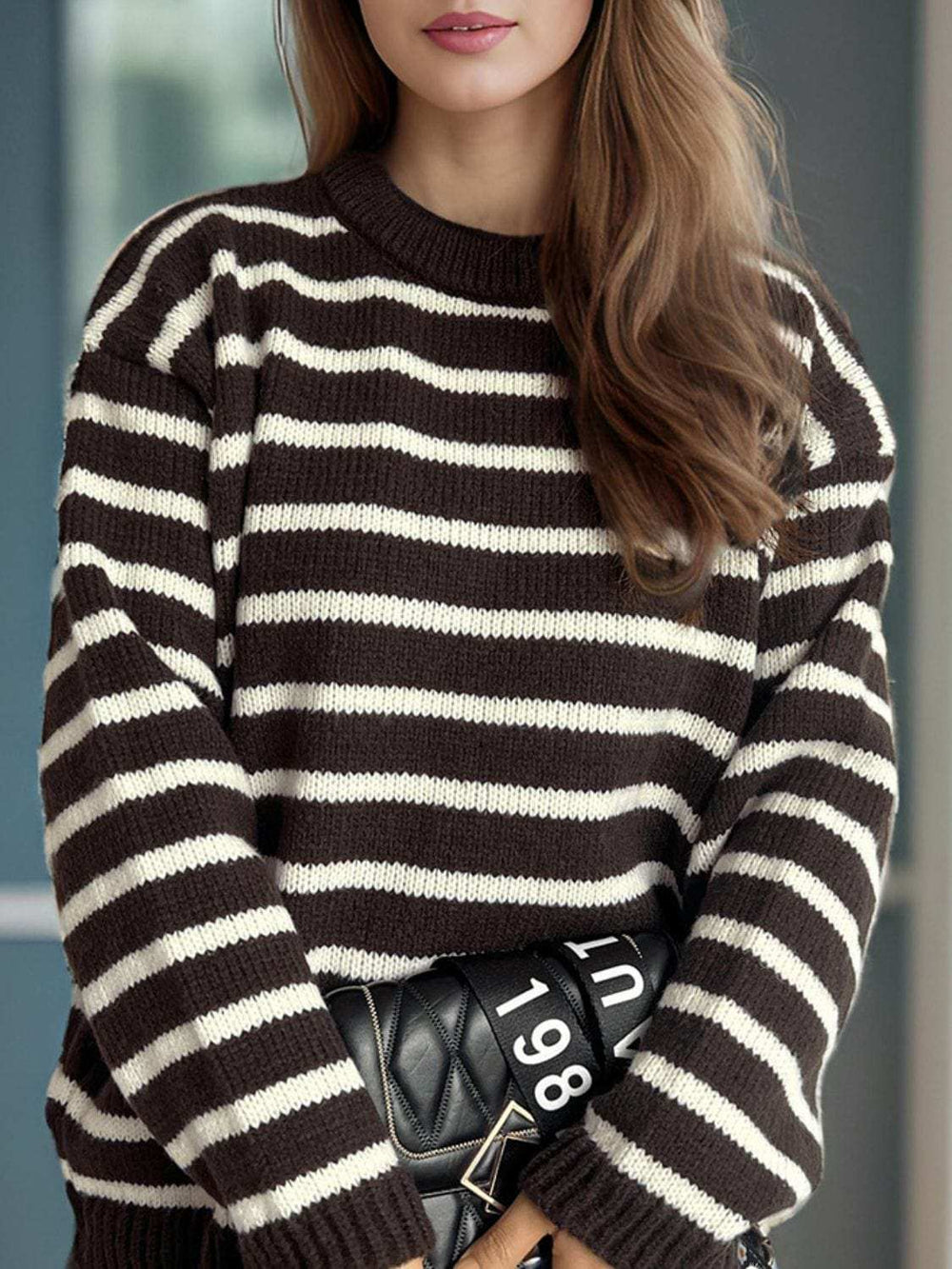 Striped Round Neck Long Sleeve Sweater - Trendsi - Flyclothing LLC