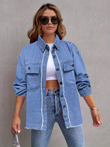 Pocketed Collared Neck Long Sleeve Denim Shirt - Trendsi - Flyclothing LLC
