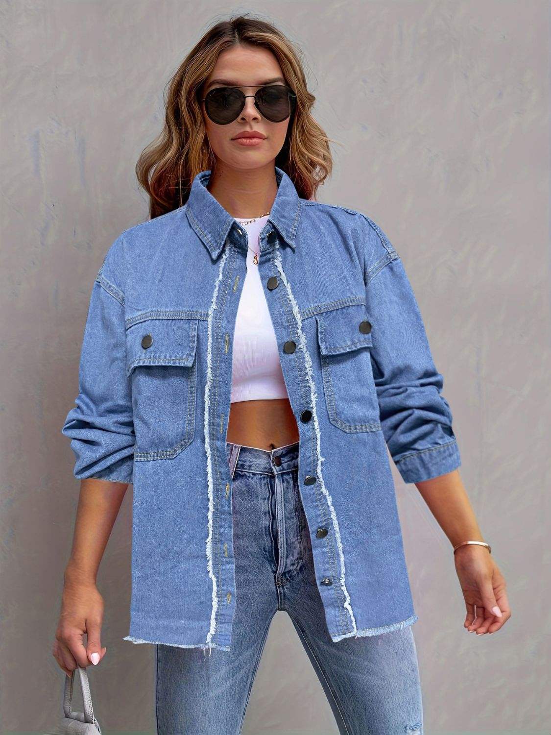 Pocketed Collared Neck Long Sleeve Denim Shirt - Trendsi - Flyclothing LLC
